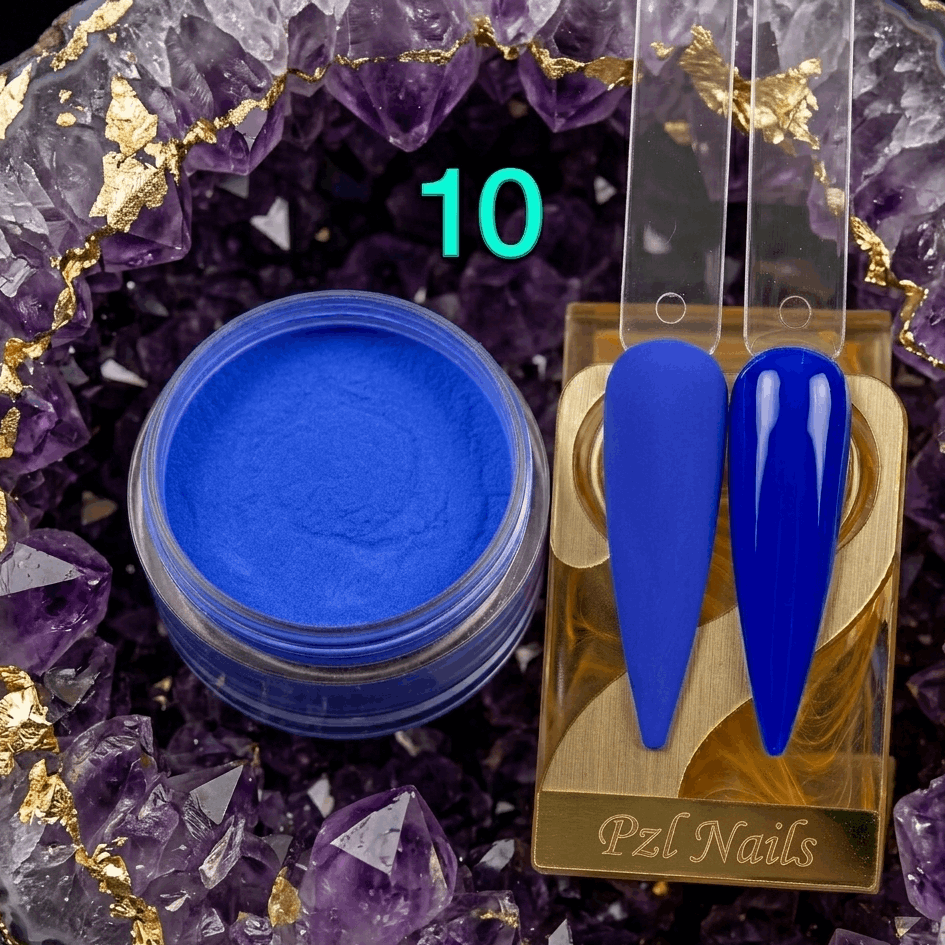 Blue nail polish jar and stiletto nails on a decorative purple crystal background with &
