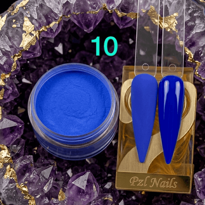 Blue nail polish jar and stiletto nails on a decorative purple crystal background with &