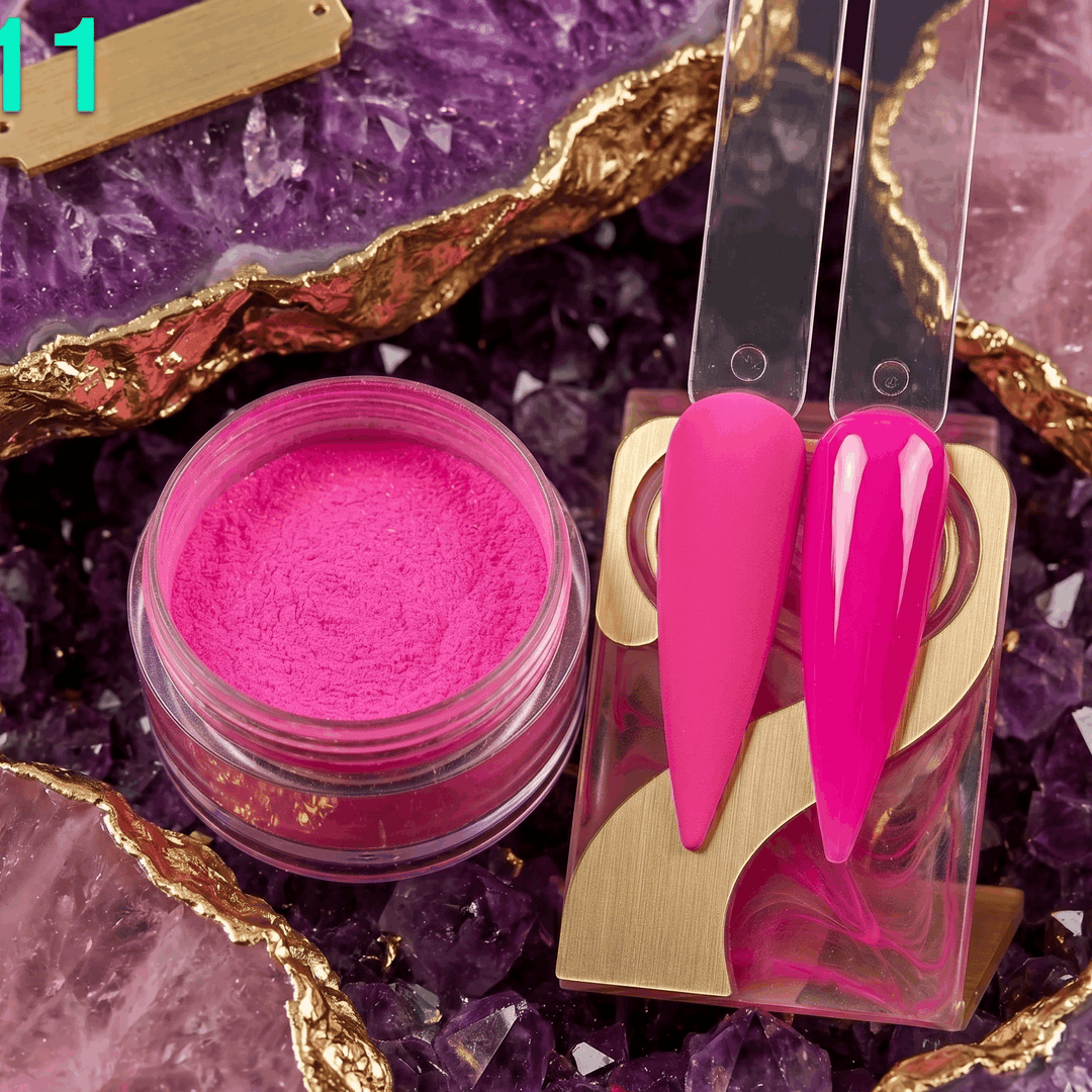 Pink powder and tools on a purple crystal background