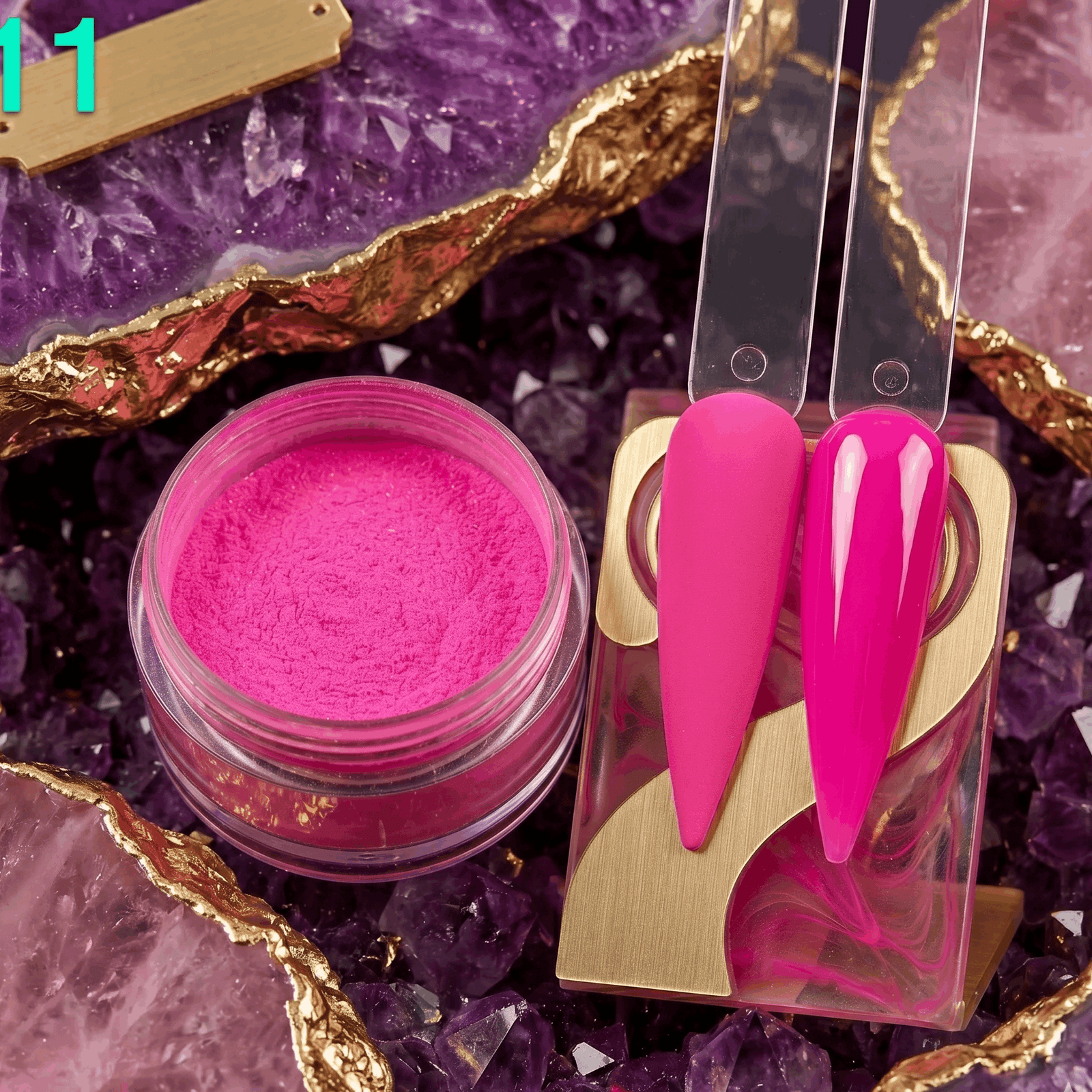 Pink powder and tools on a purple crystal background