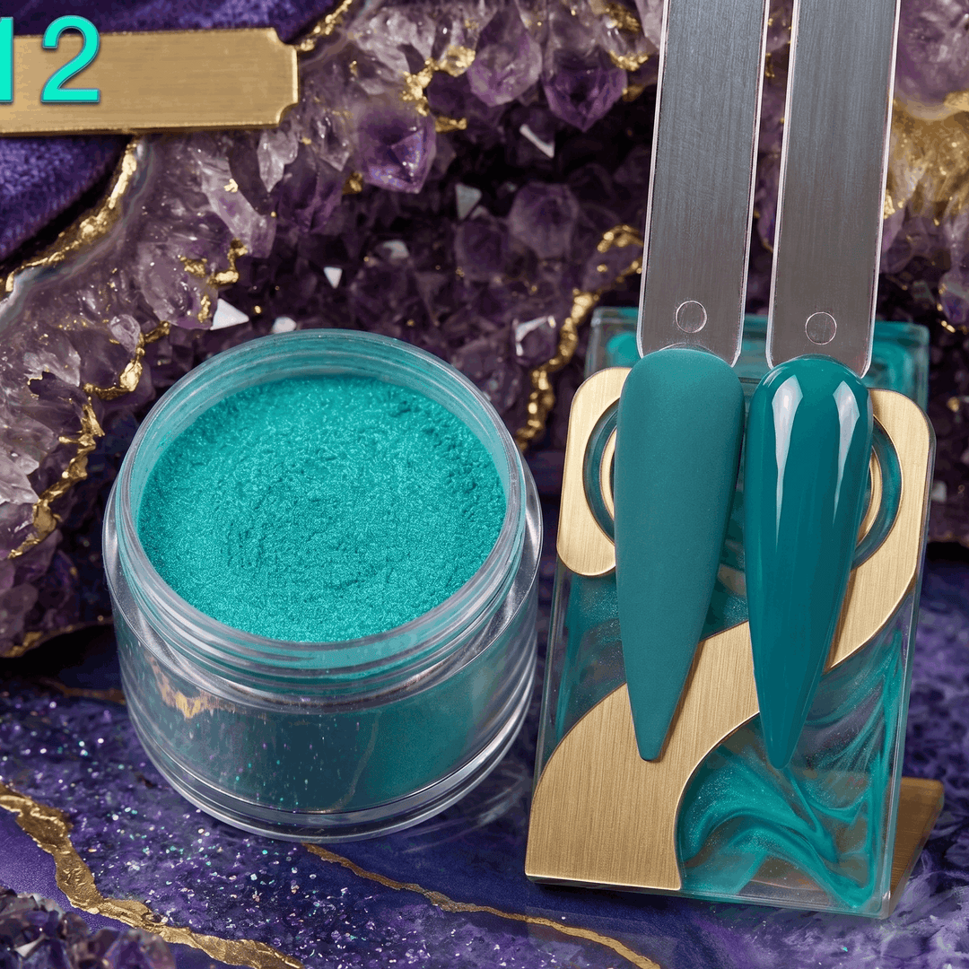Turquoise powder in a jar with tools on a purple geode background