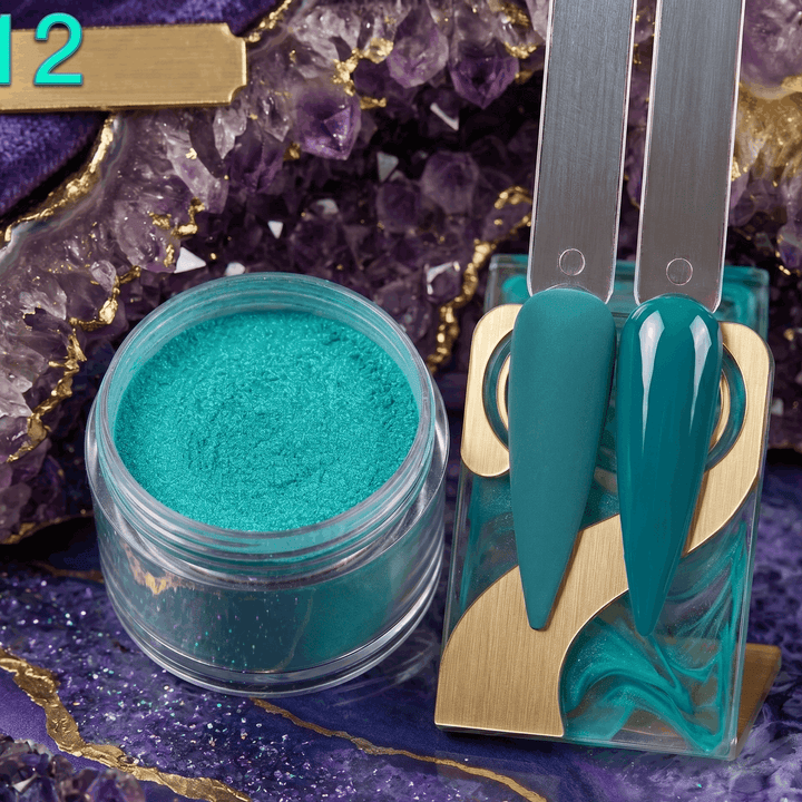 Turquoise powder in a jar with tools on a purple geode background