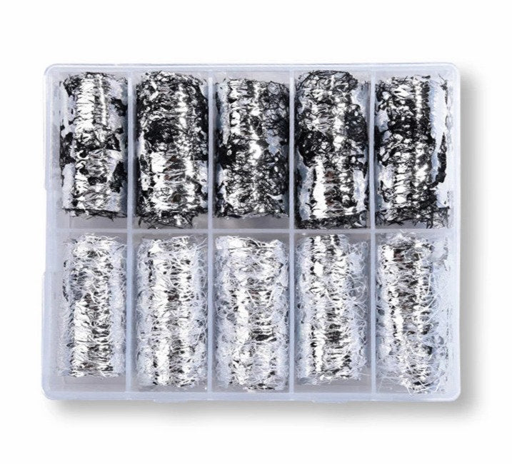 Silver Foil with Black White Pzl Nails