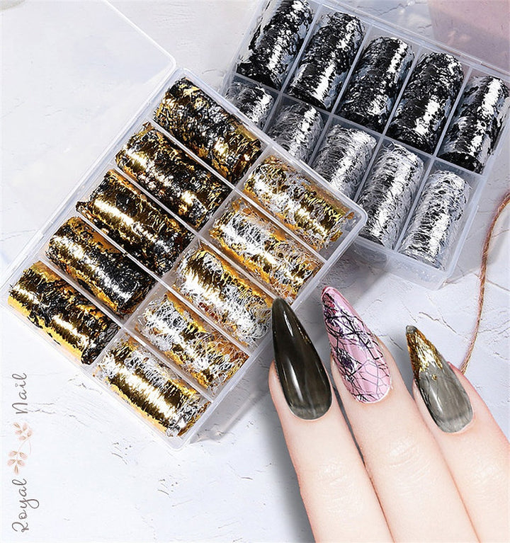 Gold Foil with Black White Pzl Nails